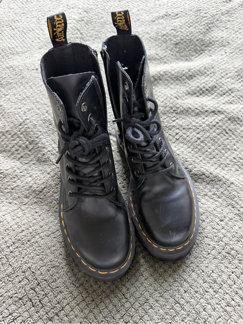 Dr. Martens Black Leather Lace-Up Boots with Yellow Stitching
